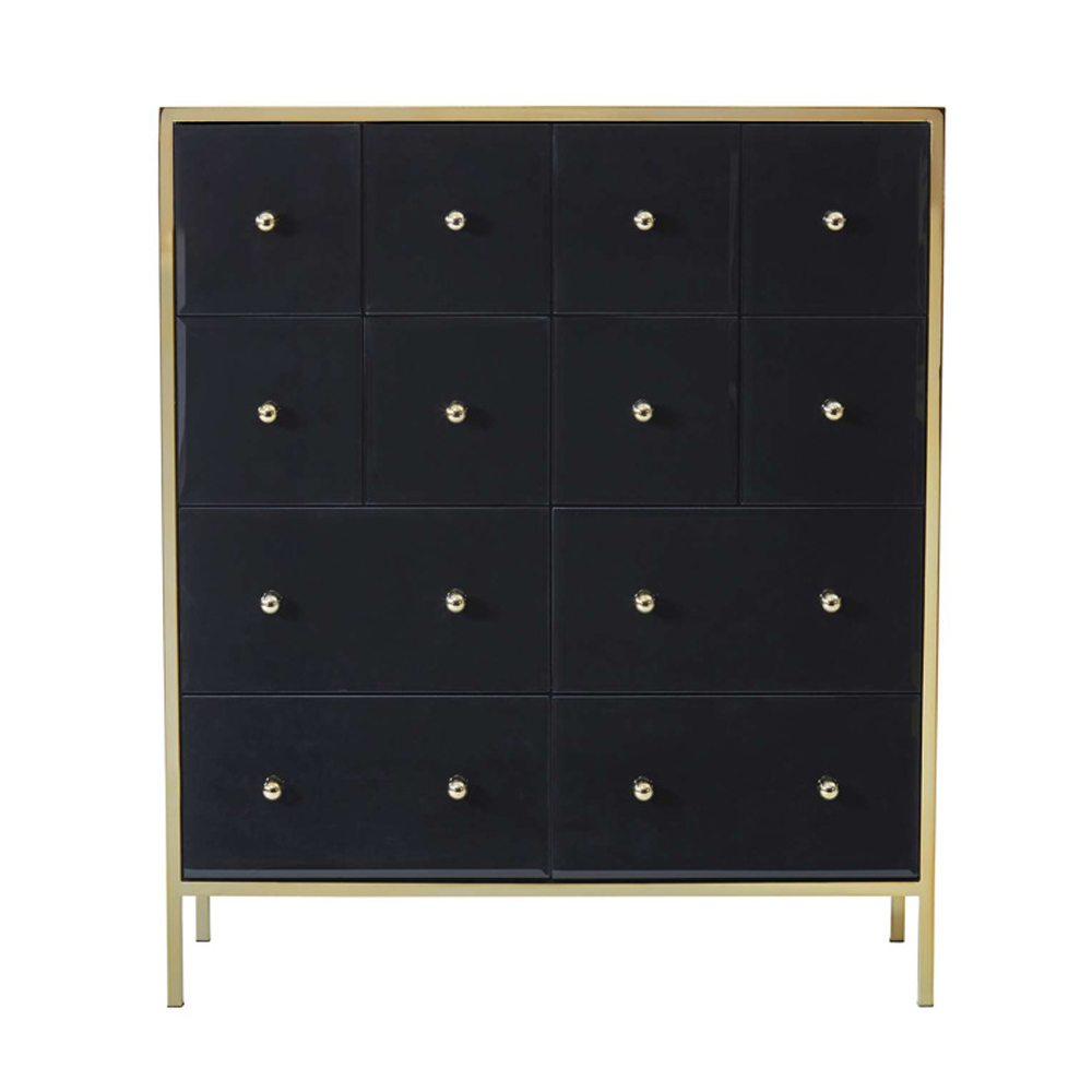 Finback Black Glass Chest Of 12 Drawers With Gold Frame