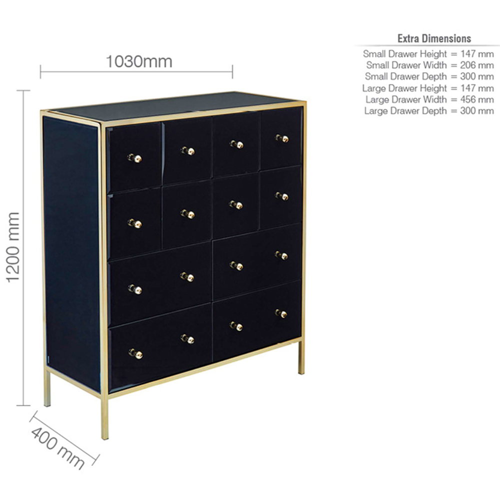Finback Black Glass Chest Of 12 Drawers With Gold Frame