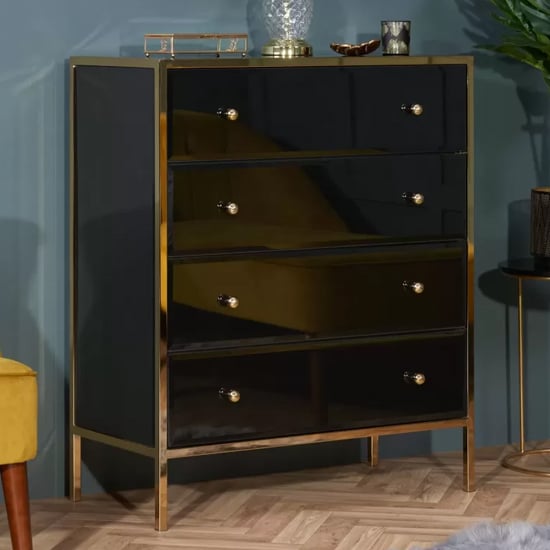 Finback Black Glass Chest Of 4 Drawers With Gold Frame