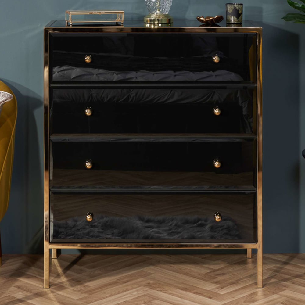 Finback Black Glass Chest Of 4 Drawers With Gold Frame