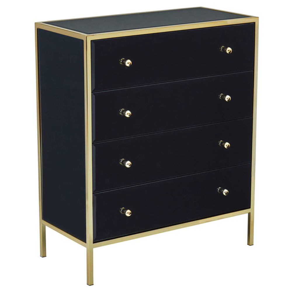 Finback Black Glass Chest Of 4 Drawers With Gold Frame