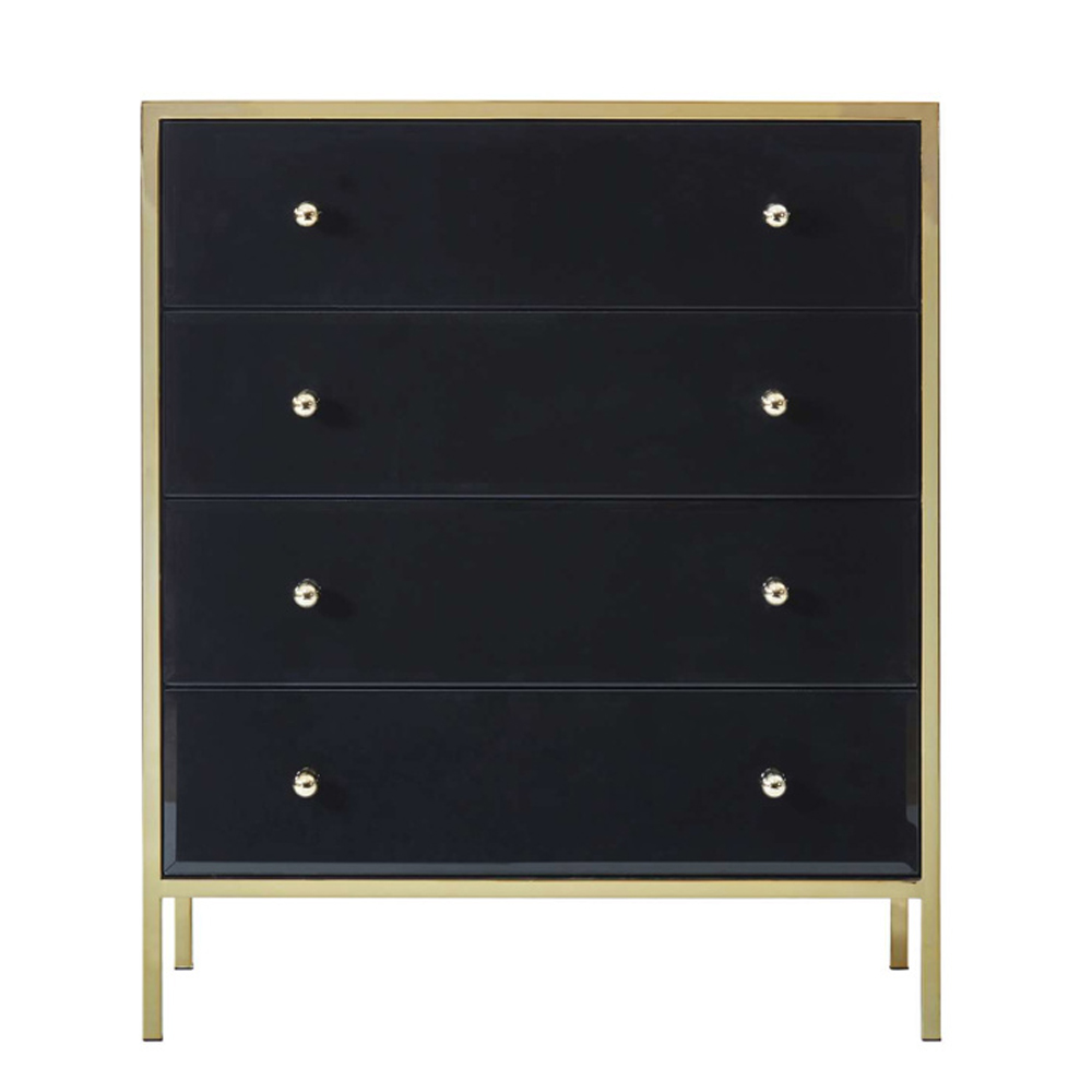 Finback Black Glass Chest Of 4 Drawers With Gold Frame
