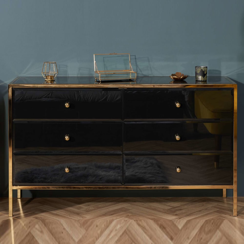 Finback Black Glass Chest Of 6 Drawers With Gold Frame