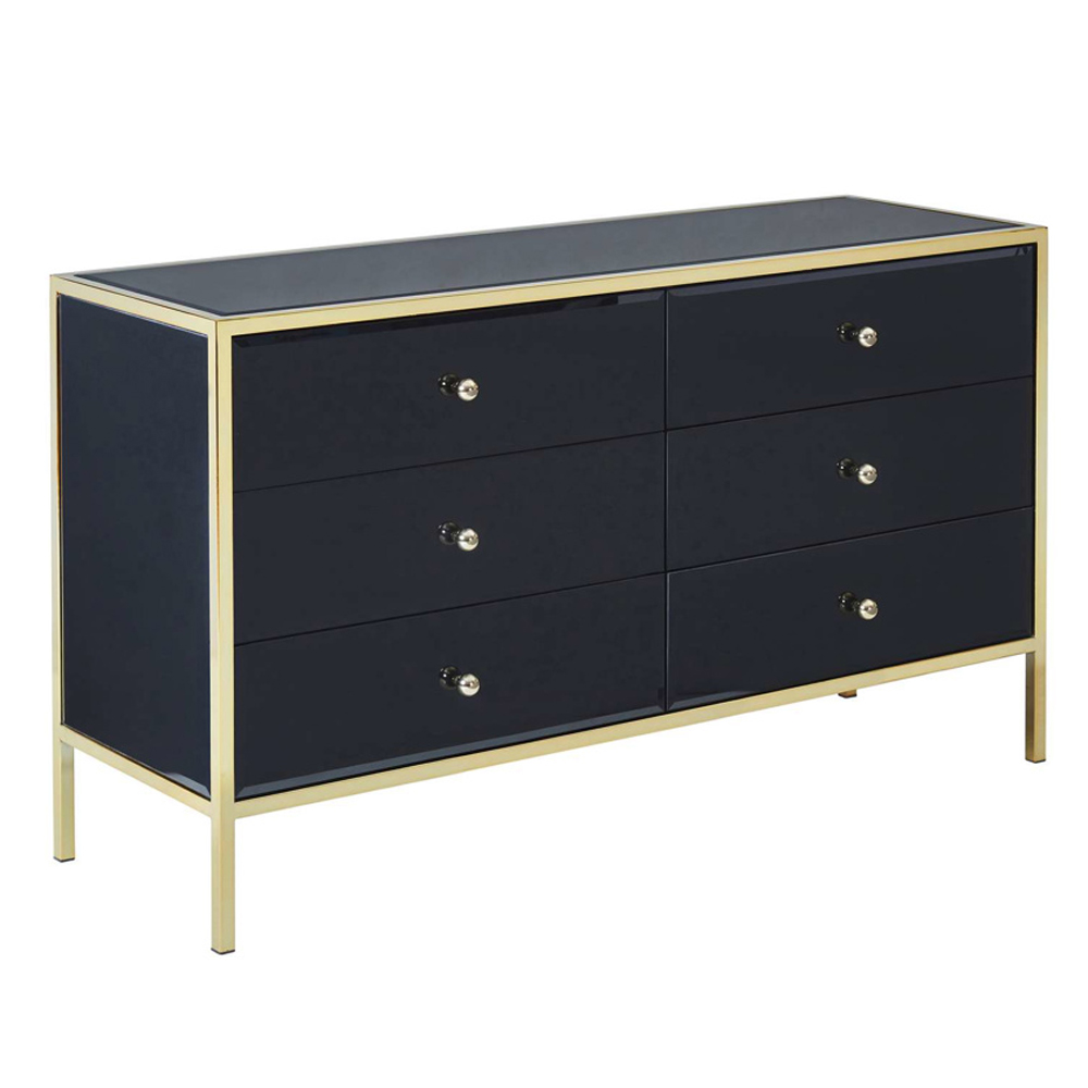 Finback Black Glass Chest Of 6 Drawers With Gold Frame