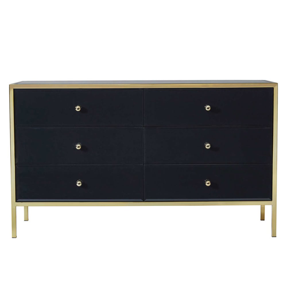 Finback Black Glass Chest Of 6 Drawers With Gold Frame