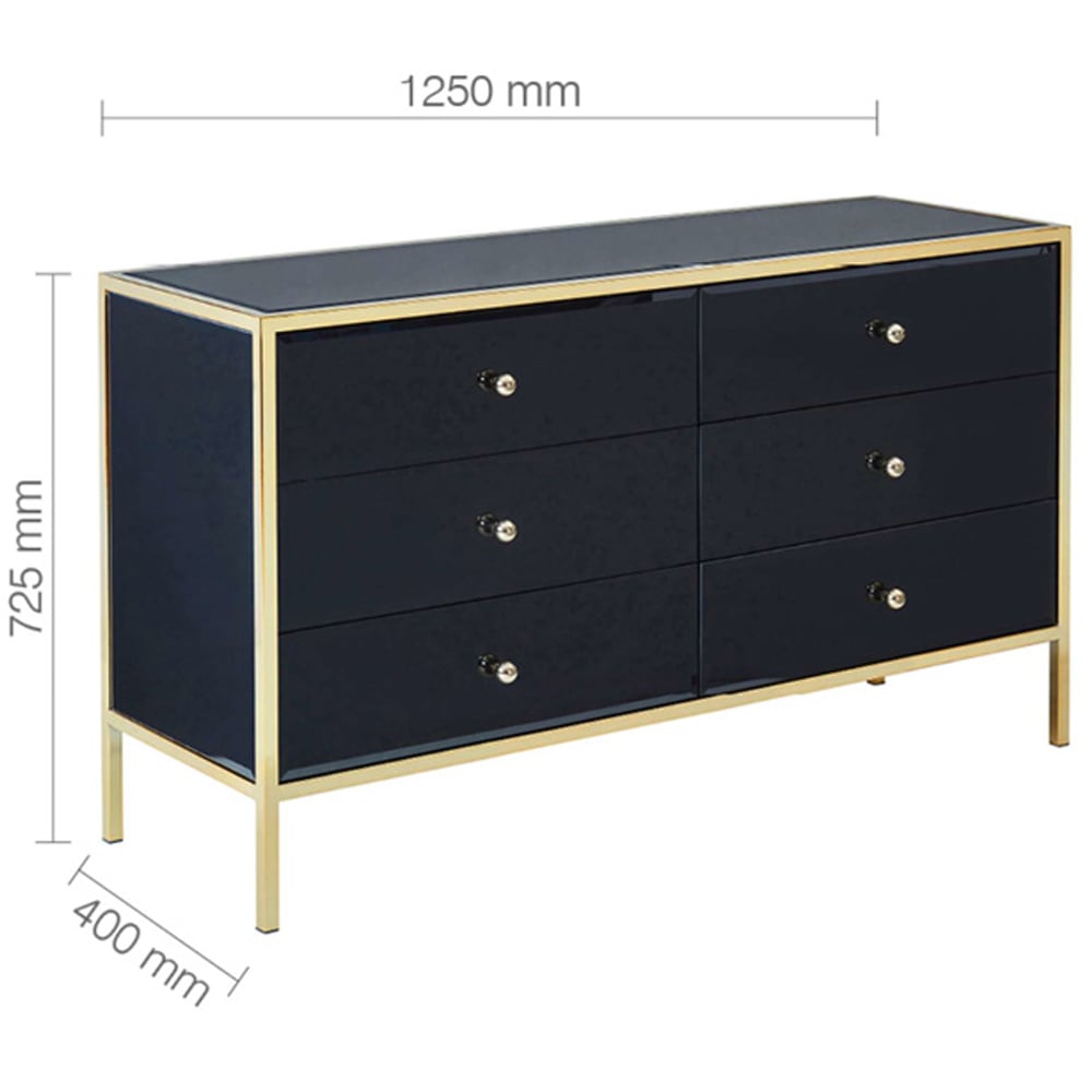 Finback Black Glass Chest Of 6 Drawers With Gold Frame