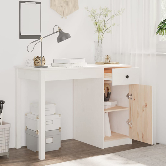 Finlay Pine Wood Laptop Desk With 1 Door 1 Drawer In White