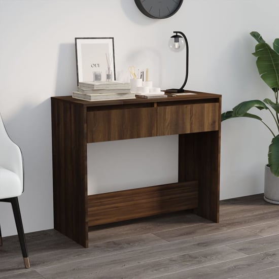 Photo of Finley wooden console table with 2 drawers in brown oak