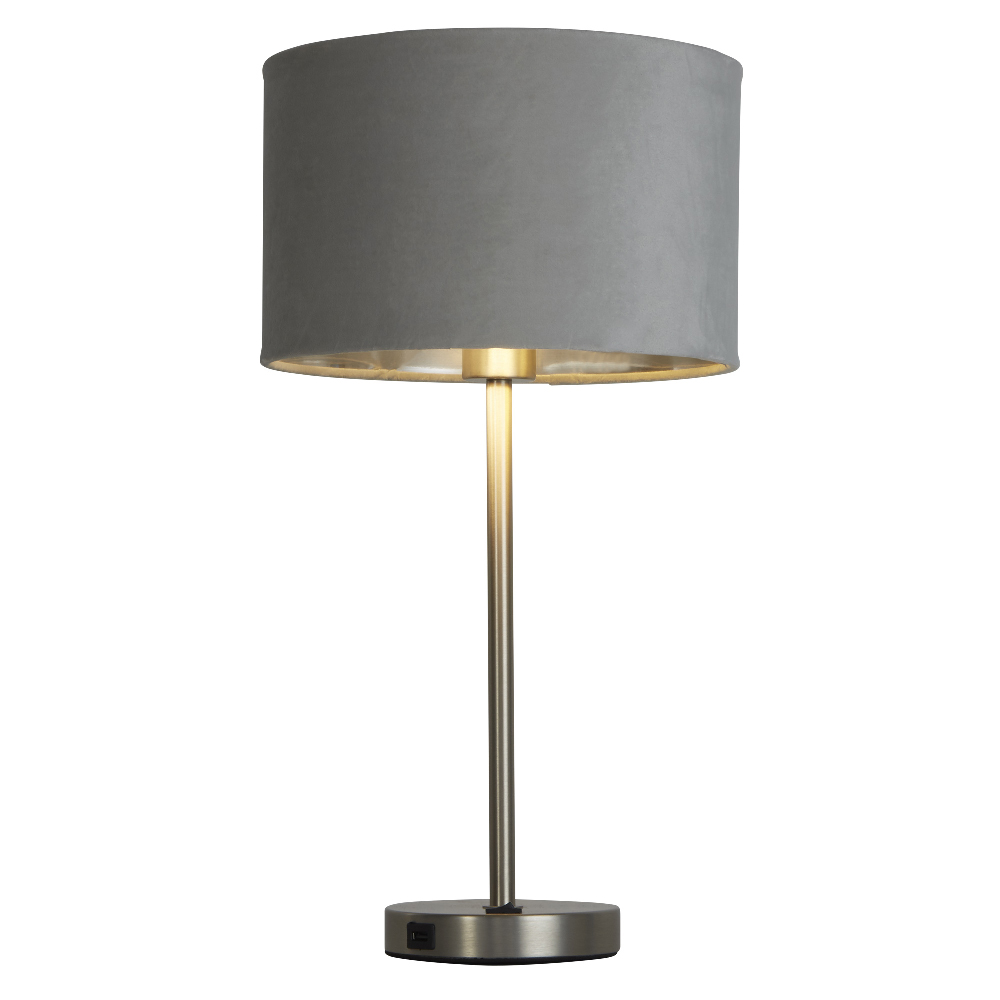 Read more about Finn grey velvet shade table lamp with usb in satin nickel