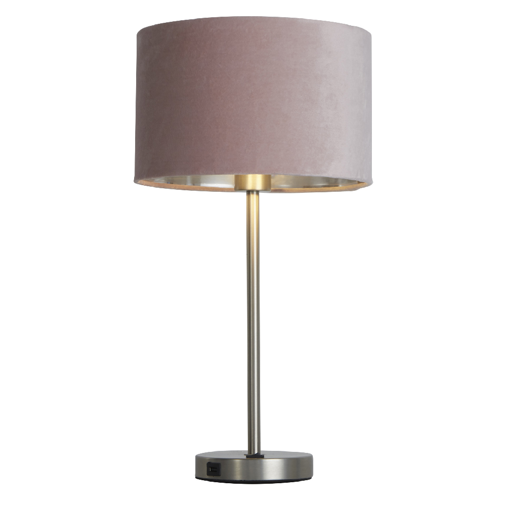Read more about Finn pink velvet shade table lamp with usb in satin nickel