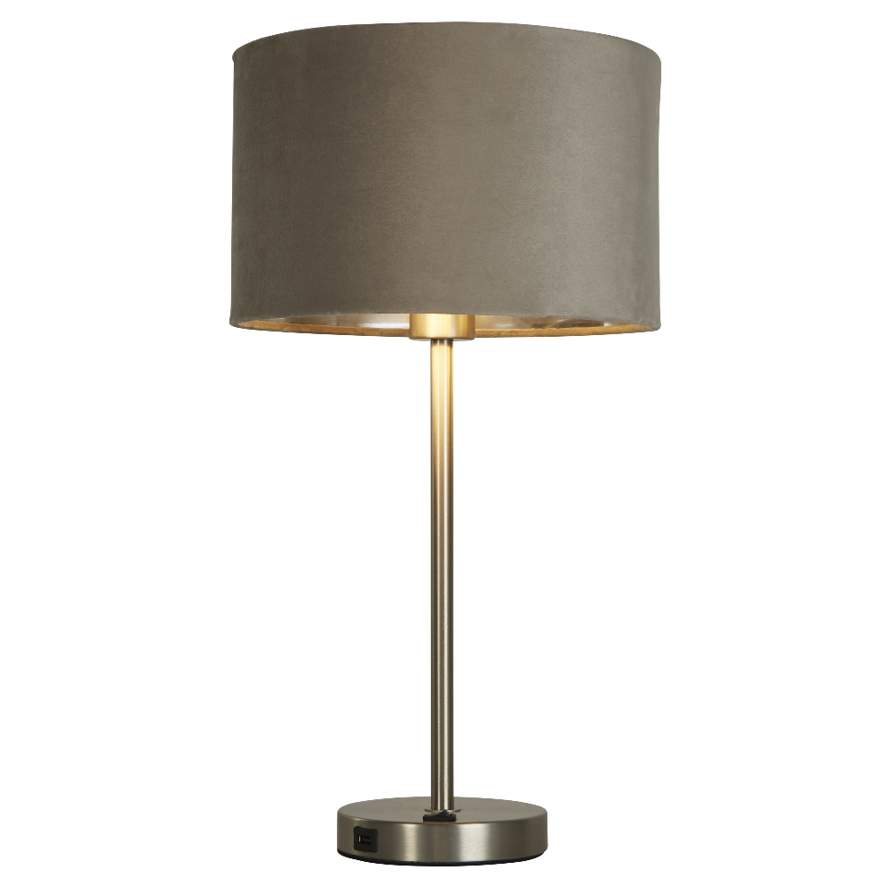 Read more about Finn taupe velvet shade table lamp with usb in satin nickel