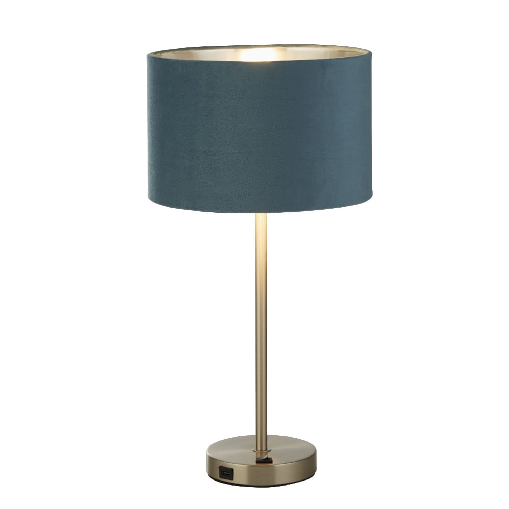 Read more about Finn teal velvet shade table lamp with usb in satin nickel