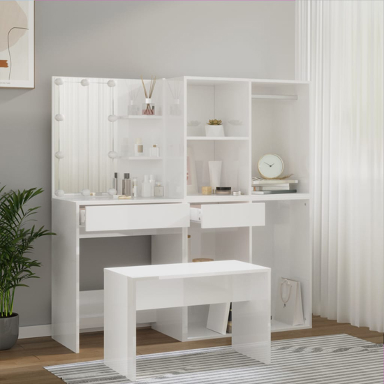 Fiora High Gloss Dressing Table Set In White With LED Lights_2