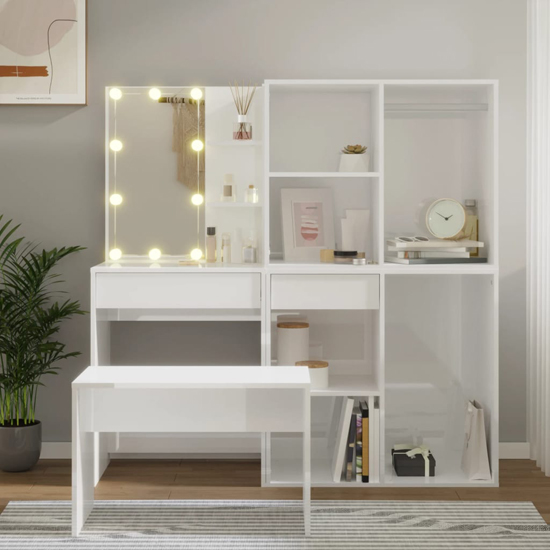 Fiora High Gloss Dressing Table Set In White With LED Lights
