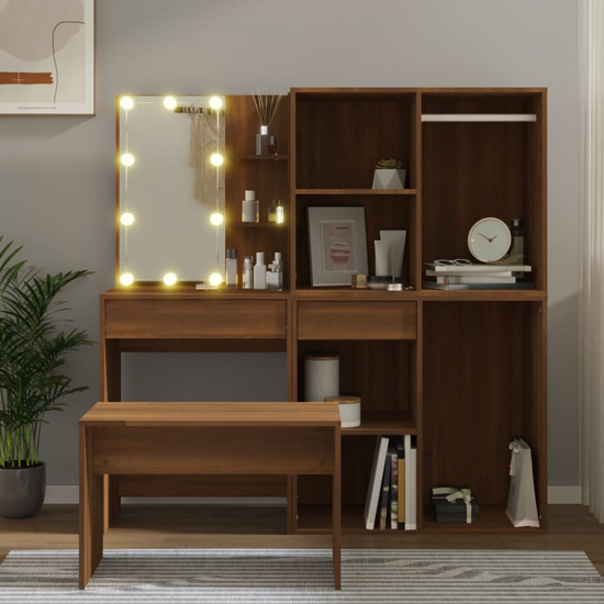 Fiora Wooden Dressing Table Set In Brown Oak With LED Lights