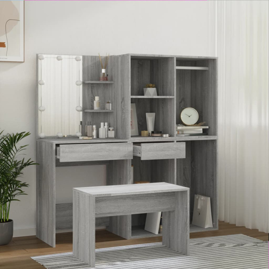 Fiora Wooden Dressing Table Set In Grey Sonoma Oak With LED_2