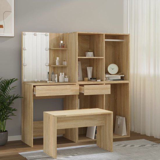 Fiora Wooden Dressing Table Set In Sonoma Oak With LED Lights