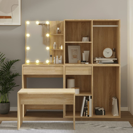 Fiora Wooden Dressing Table Set In Sonoma Oak With LED Lights