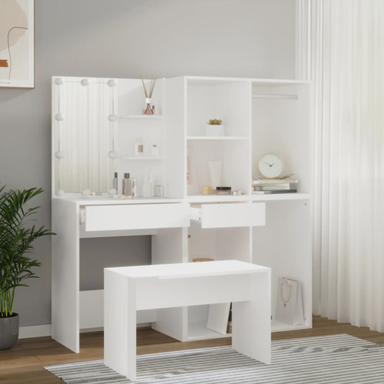 Fiora Wooden Dressing Table Set In White With LED Lights