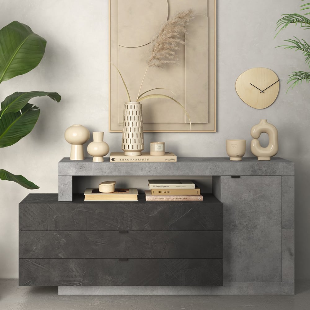 Read more about Fiora wooden sideboard with 1 door 3 drawers in cement and lead