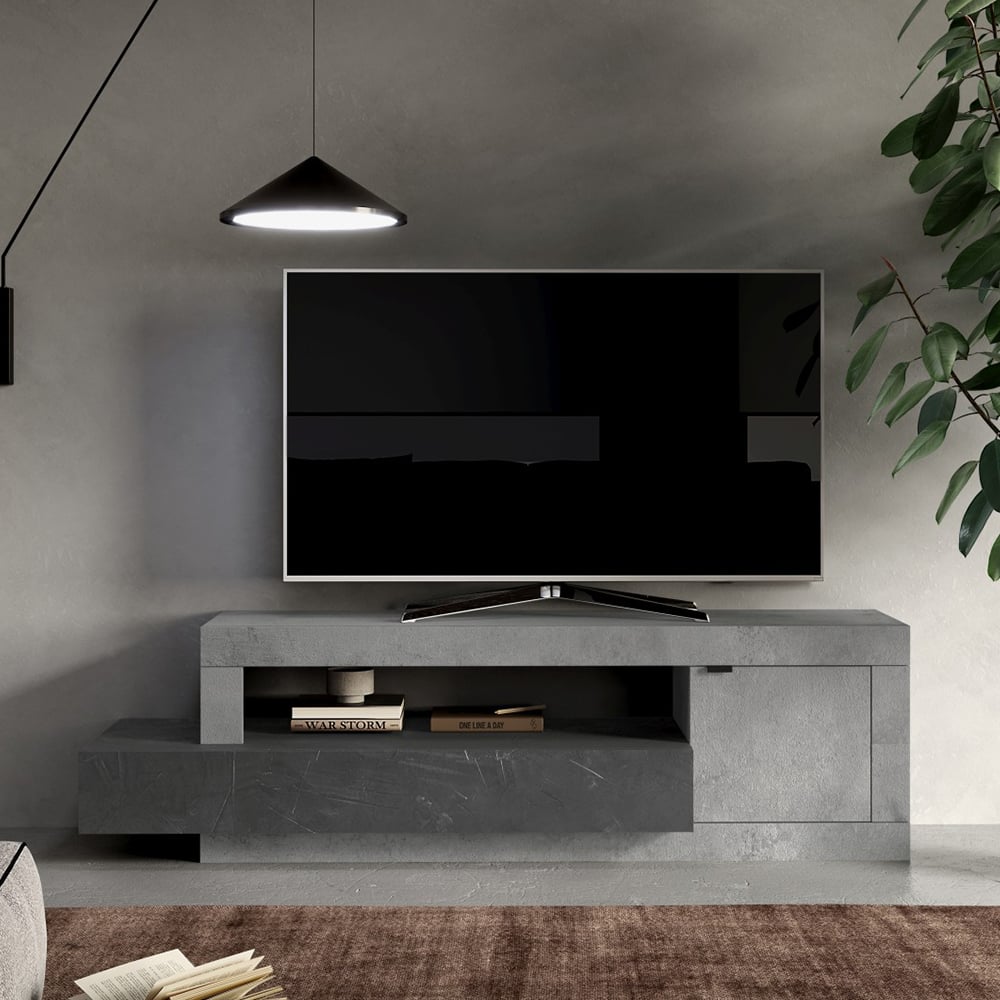 Read more about Fiora wooden tv stand with 1 door 1 drawer in cement and lead