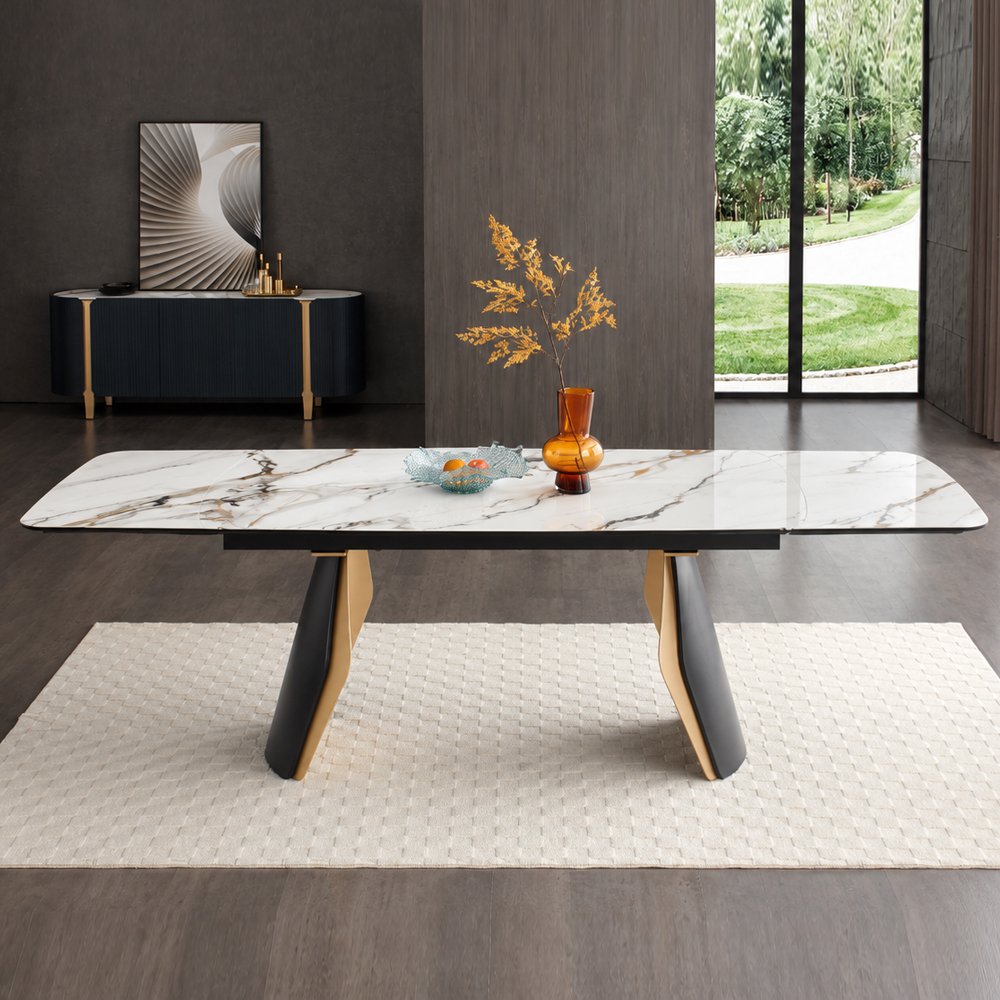 Firova Calacatta Verde Tempered Glass Top Extending Dining Table with Black Ash Base