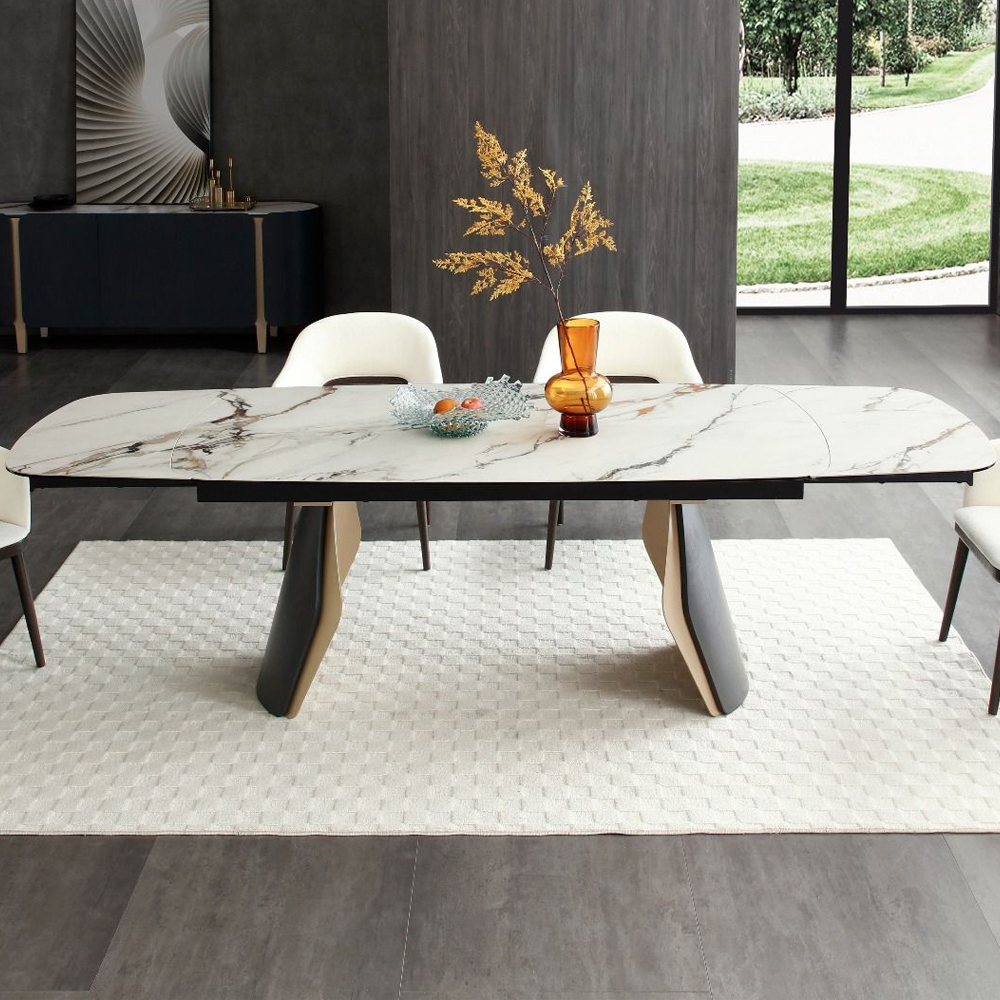 Firova Calacatta Verde Tempered Glass Top Extending Dining Table with Black Ash Base