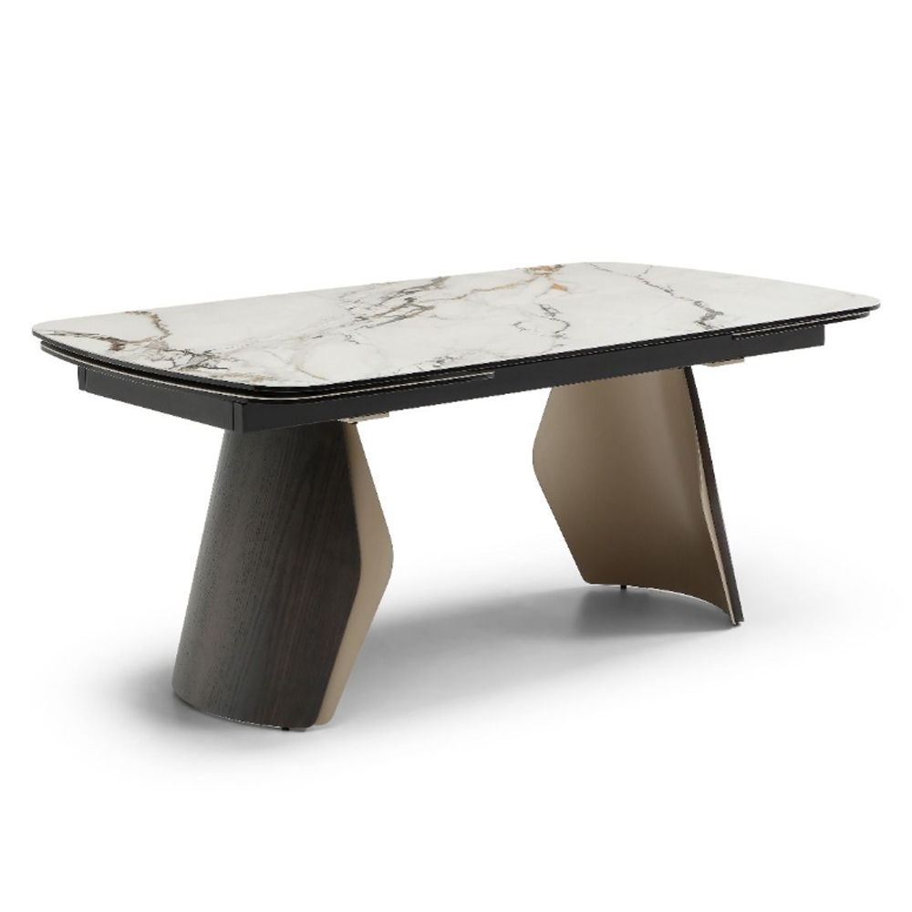 Firova Calacatta Verde Tempered Glass Top Extending Dining Table with Black Ash Base