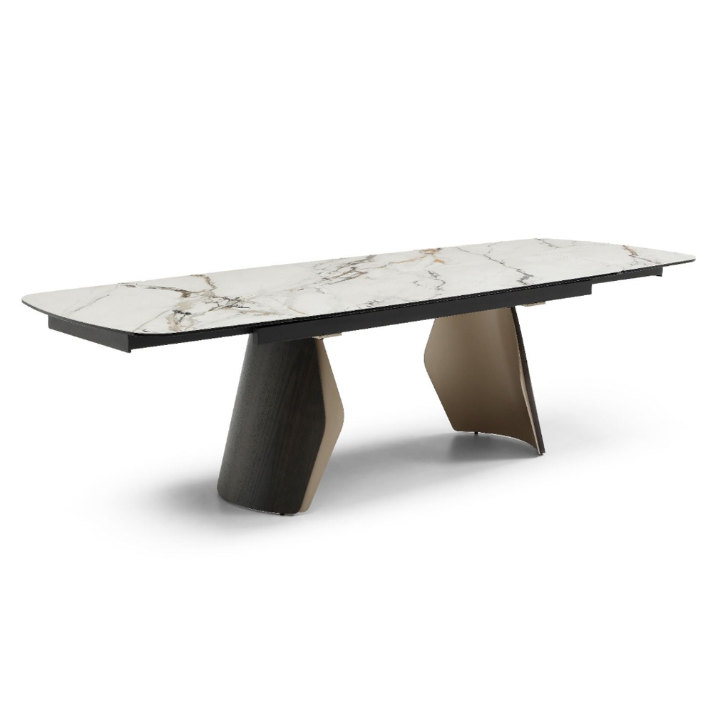 Firova Calacatta Verde Tempered Glass Top Extending Dining Table with Black Ash Base