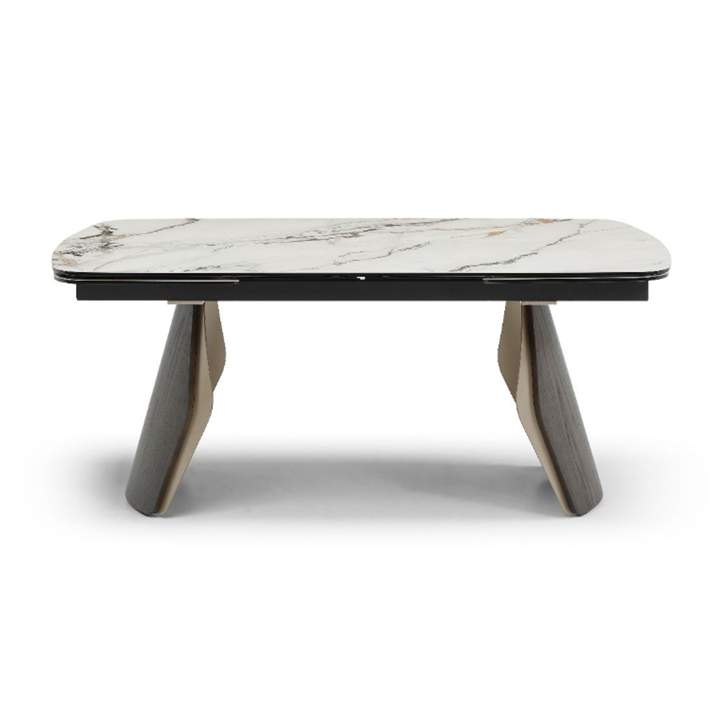 Firova Calacatta Verde Tempered Glass Top Extending Dining Table with Black Ash Base