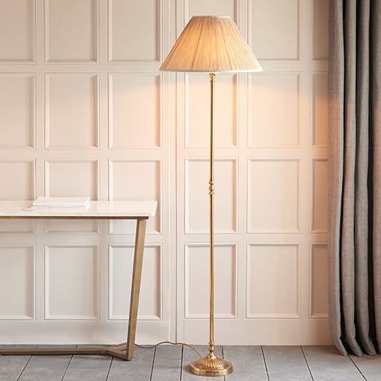 Fitzroy Beige Fabric Shade Floor Lamp In Solid Brass