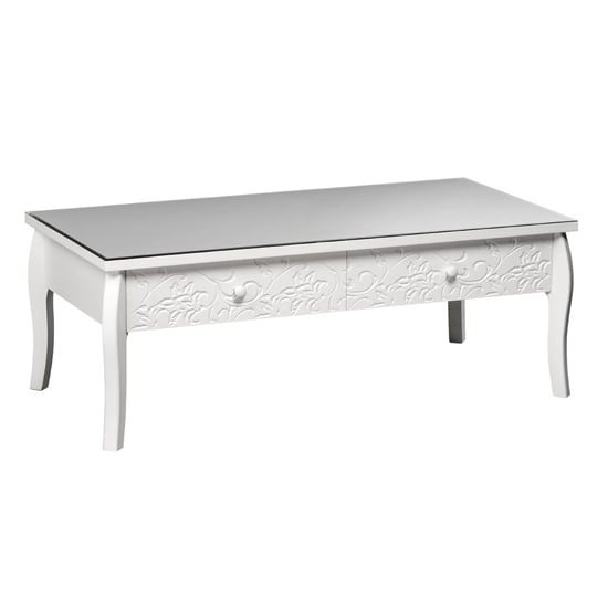 Product photograph of Flair Glass Top Coffee Table With 2 Drawers In White from Furniture in Fashion