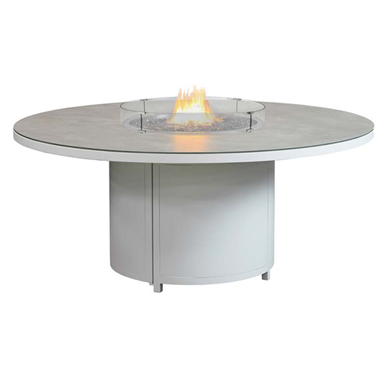 Product photograph of Flitwick Round 180cm Glass Dining Table With Firepit In Matt Stone from Furniture in Fashion