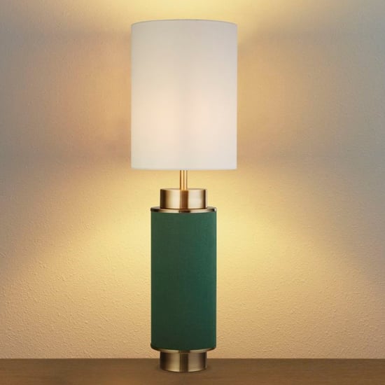 Read more about Flask white shade table lamp in dark green and antique brass