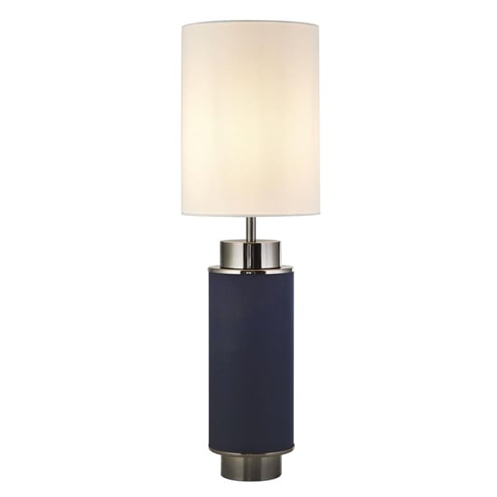 Read more about Flask white shade table lamp in navy blue and black nickel