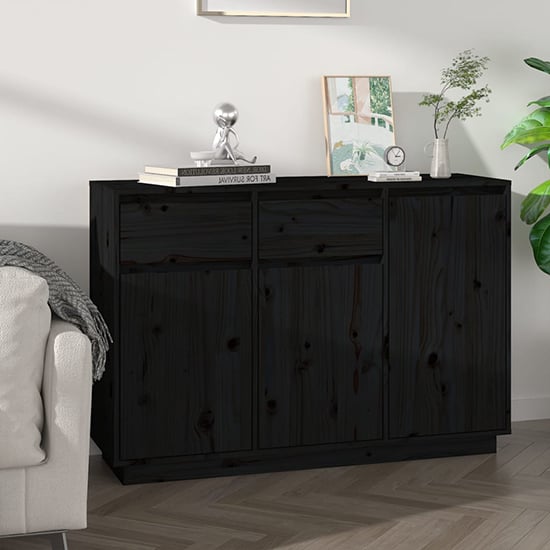 Photo of Flavius pinewood sideboard with 3 doors 2 drawers in black