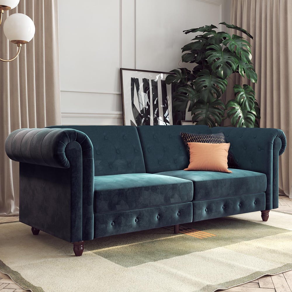 Read more about Flex velvet sofa bed with wooden legs in blue