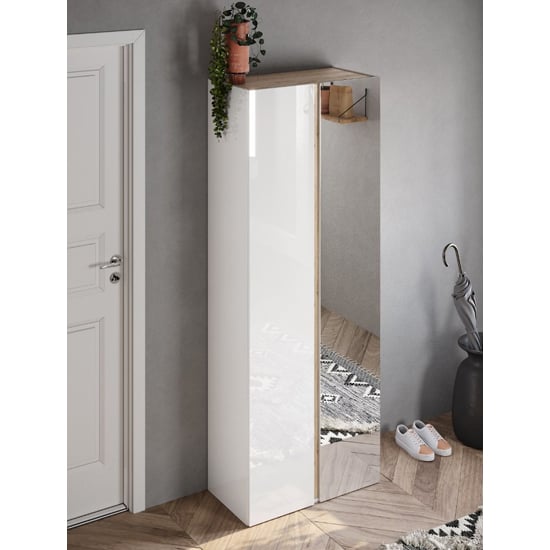 Product photograph of Flint High Gloss Shoe Cabinet Tall 2 Doors In White Cadiz Oak from Furniture in Fashion