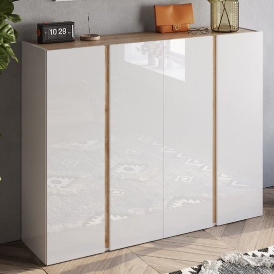 Product photograph of Flint High Gloss Shoe Cabinet 4 Doors In White And Cadiz Oak from Furniture in Fashion