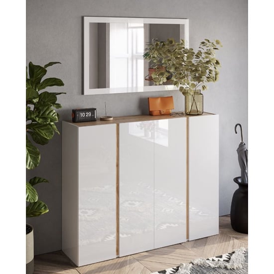 Product photograph of Flint High Gloss Shoe Cabinet With Mirror In White Cadiz Oak from Furniture in Fashion