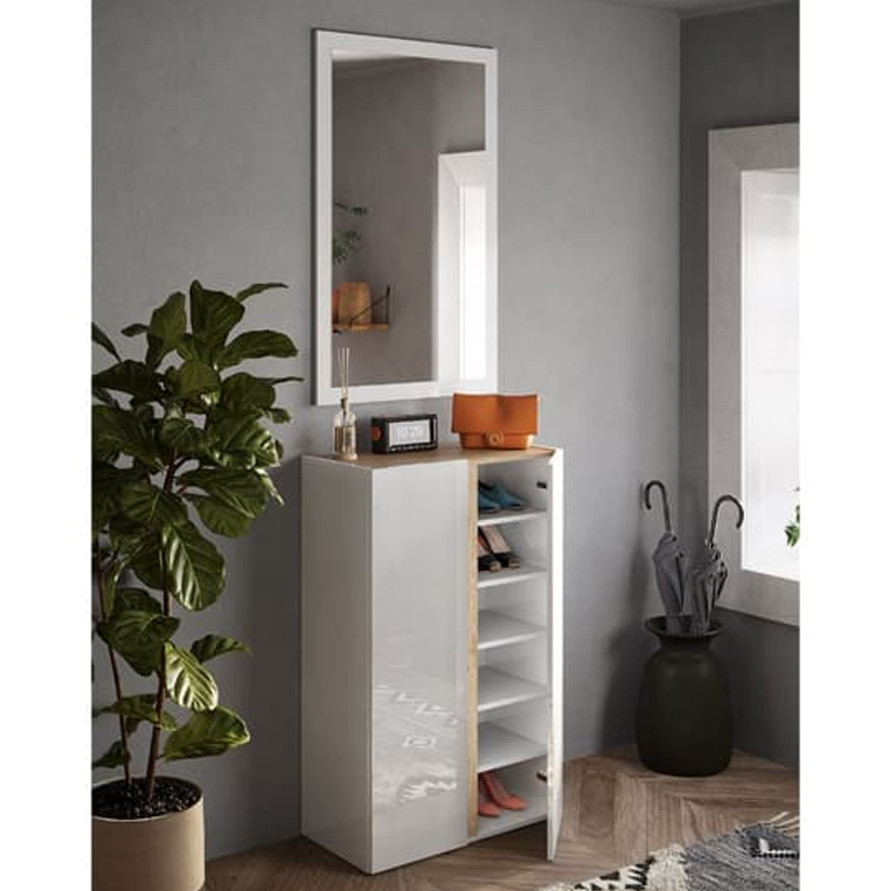 Flint Narrow High Gloss Shoe Cabinet With Mirror In White Cadiz Oak