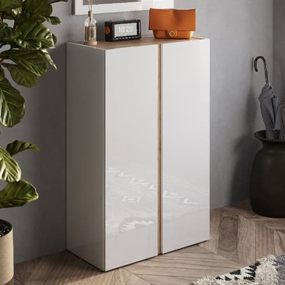 Flint Narrow High Gloss Shoe Cabinet With Mirror In White Cadiz Oak