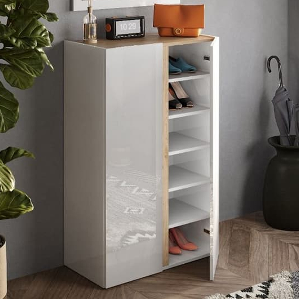Flint Narrow High Gloss Shoe Cabinet With Mirror In White Cadiz Oak