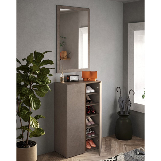 Flint Narrow Wooden Shoe Cabinet With Mirror In Bronze Mercure Oak