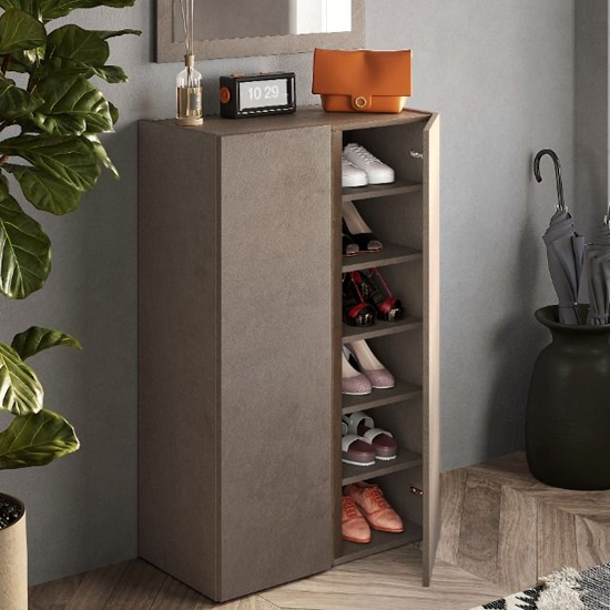 Flint Narrow Wooden Shoe Cabinet With Mirror In Bronze Mercure Oak