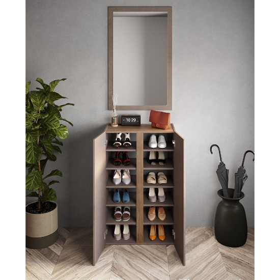Flint Narrow Wooden Shoe Cabinet With Mirror In Bronze Mercure Oak