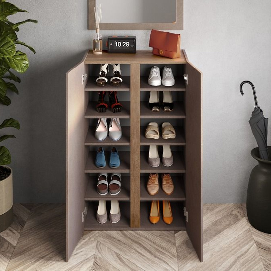 Flint Narrow Wooden Shoe Cabinet With Mirror In Bronze Mercure Oak