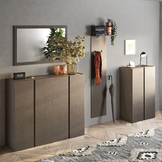 Flint Narrow Wooden Shoe Cabinet With Mirror In Bronze Mercure Oak
