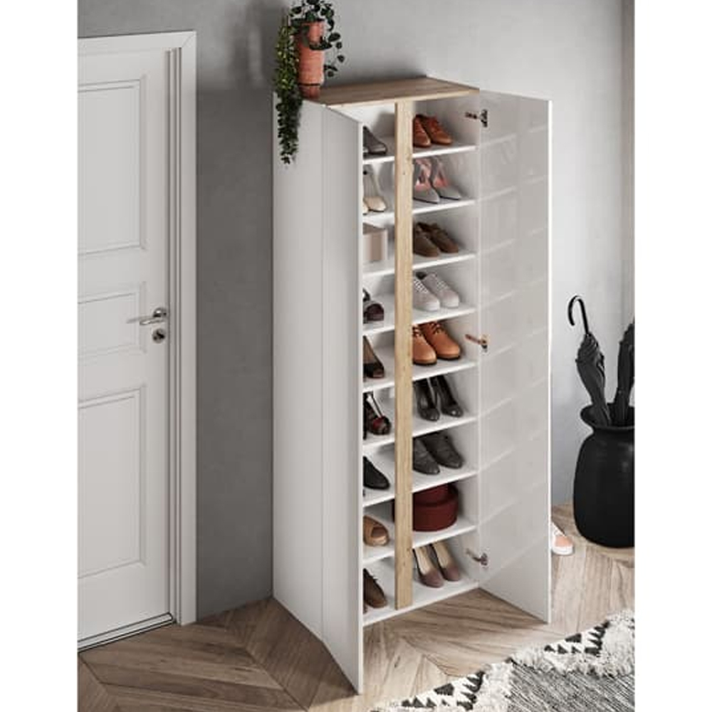 Flint Tall High Gloss Shoe Cabinet 2 Doors In White Cadiz Oak