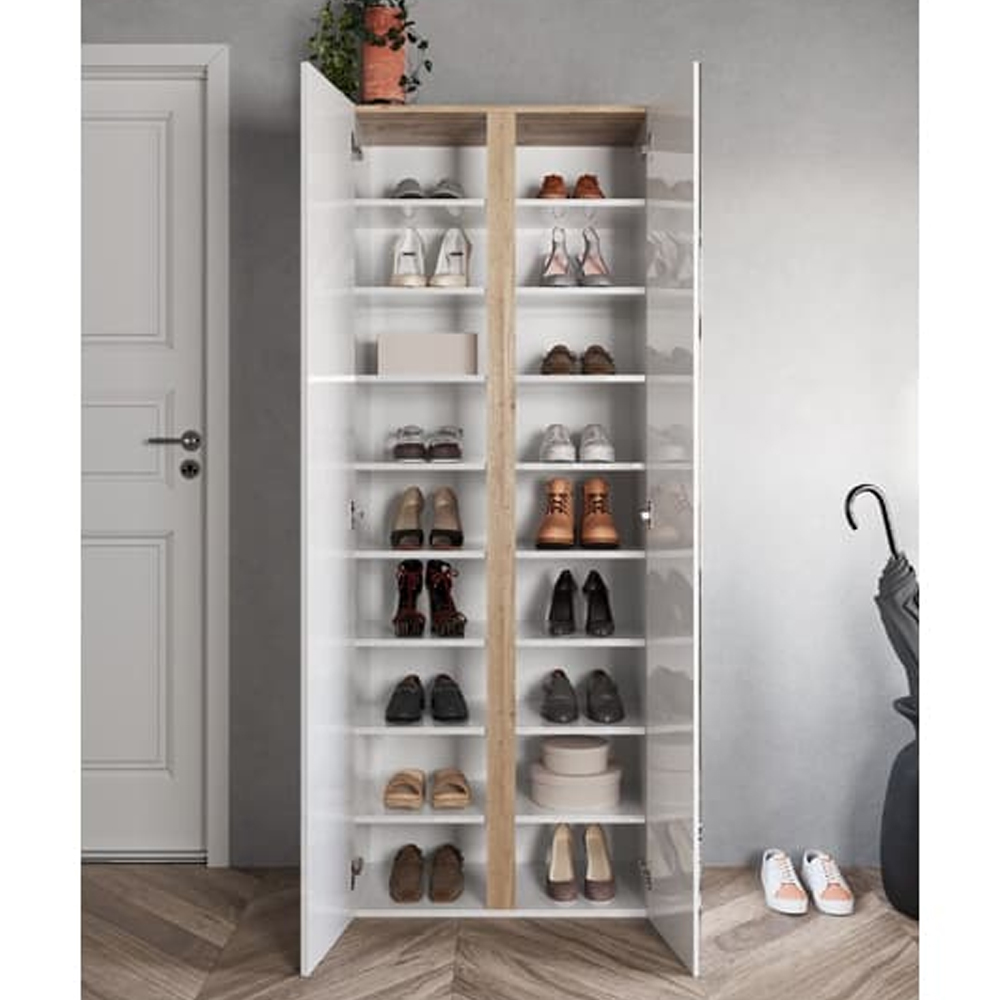 Flint Tall High Gloss Shoe Cabinet 2 Doors In White Cadiz Oak